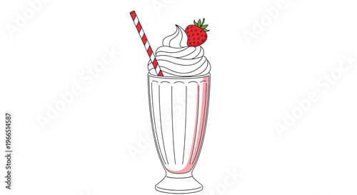 Strawberry milkshake in a tall glass with whipped cream and a strawberry