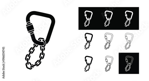 Black and white illustration of carabiners and chain links in various styles