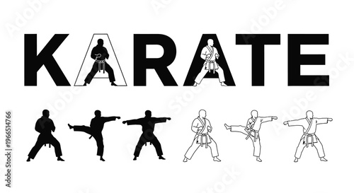 Karate illustration depicting various fighting stances and techniques
