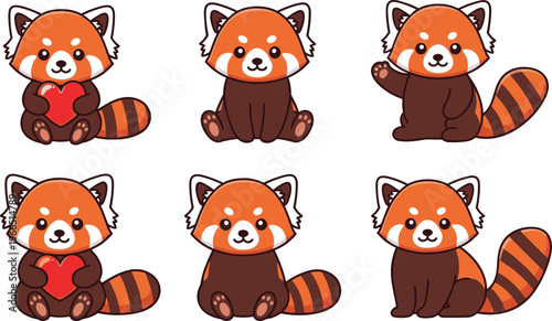 Cute Red Panda Vector Set with Sitting and Waving Poses Holding Hearts for Cartoon, Forest, Wildlife, and Kids Illustrations