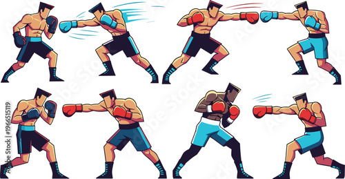 Boxing Vector Set with Male Fighters Throwing Punches, Guarding, and Sparring in Dynamic Poses for Combat Sports, Fitness, and Martial Arts Illustrations