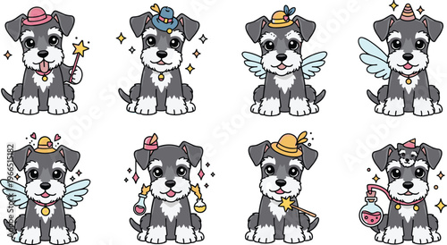 Cute Schnauzer Puppy Vector Set with Magical Accessories Featuring Wands, Hats, Wings, Potions, and Cartoon Poses for Kids, Pet, and Fantasy Illustrations