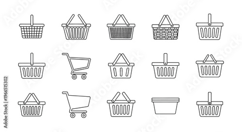 Collection of various line art basket and shopping cart icons