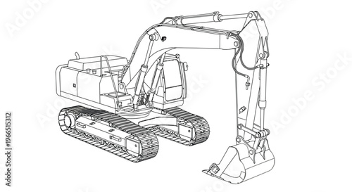 Line drawing of a construction excavator with tracks and a bucket