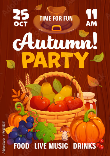 Autumn and Thanksgiving party flyer with harvest in wicker basket, vector banner. Autumn season and Thanksgiving holiday festival flyer with fall leaves, pumpkin and honey jar, fruits and berries