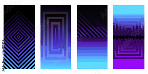 Abstract geometric patterns in shades of purple and blue displayed vertically