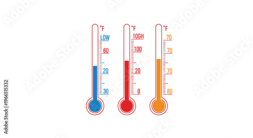 Three thermometers displaying varying temperatures low high and moderate
