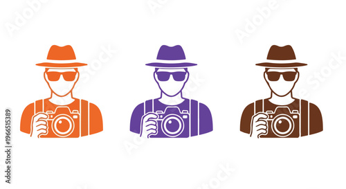Three stylized photographers wearing hats and sunglasses, each holding a camera in different vibrant colors