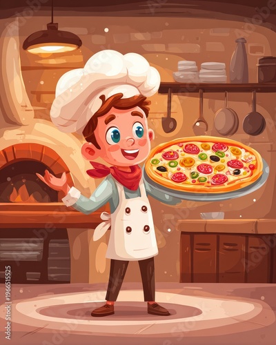Cartoon chef holding pizza in cozy kitchen illustration