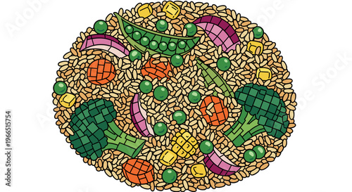 Illustration of vibrant fried rice mixed with colorful vegetables like broccoli, peas, and carrots, arranged in a circular pattern on a white background