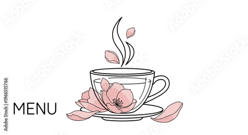 Elegant illustration of a steaming tea cup adorned with delicate pink flower petals on a white background with menu text