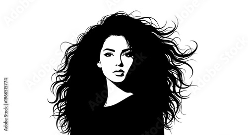 Silhouette of woman with long wavy hair flowing dramatically against a stark white background, capturing elegance and mystery in monochrome art style
