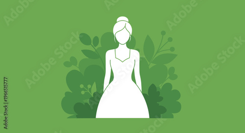 Minimalist illustration of a bride in a flowing gown set against a lush green garden background with stylized leaves and floral motifs