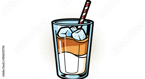 Illustration of an iced latte with a striped straw in a glass, featuring layered coffee and milk, set against a minimalist white background