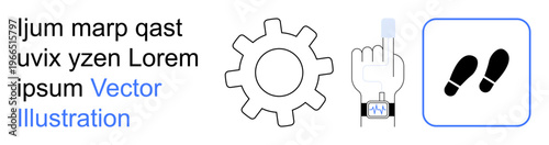 Technology, innovation, user interface, mechanical systems, motion tracking, digital interaction. Gear symbol, touch gesture on a device footsteps icon. Technology and innovation