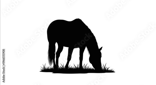 Silhouette of a horse peacefully grazing in a meadow, set against a minimalistic white background, capturing the serene essence of nature