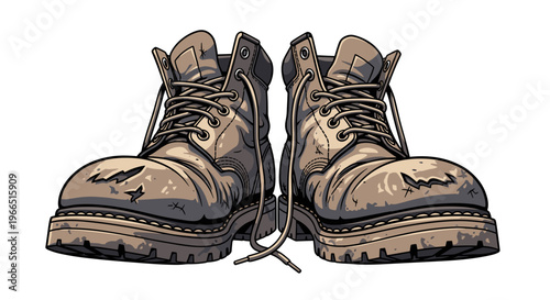 Illustrated worn-out work boots with dirty laces and scuffed surfaces on white background
