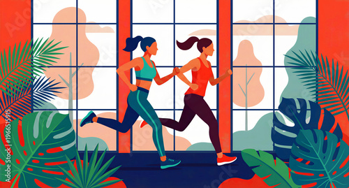 Two athletic women in vibrant activewear are energetically running together, demonstrating fitness, healthy lifestyle, and dynamic wellness. This modern illustration captures their synchronized