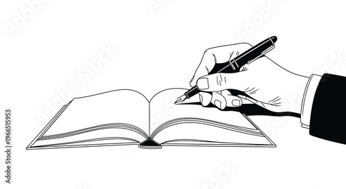 A hand holding a fountain pen writing in an open book