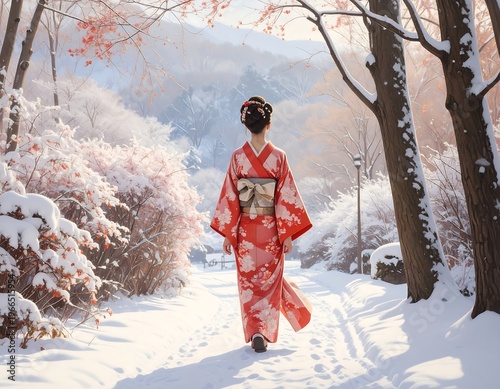 A serene winter scene of a woman in traditional attire walking on a snowy path