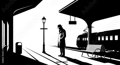 Silhouetted man in trench coat waiting at a vintage train station platform under dim lamp light, with a train in the background and bold black-and-white contrast