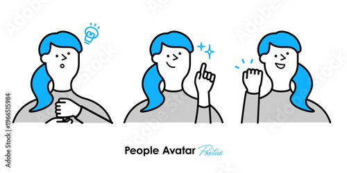 閃き・納得・歓迎のポジティブな表情を持つ青髪ロングヘア女性アバターの線画イラストセット