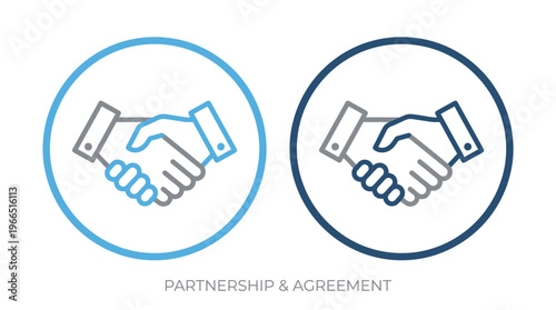   
Minimalist handshake icons in dual circles, symbolizing partnership, agreement, collaboration, teamwork, business cooperation, modern professional clarity.