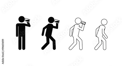 Stick figures communicating with phones while walking in different styles