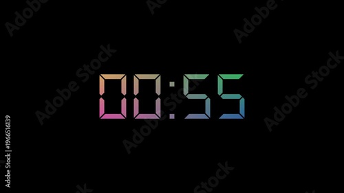 1 Minute Digital Countdown Timer with Rainbow Gradient Numbers on Black Background