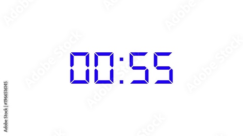 Digital Countdown Timer 60 to 0 Seconds with Blue LCD Font on White Background