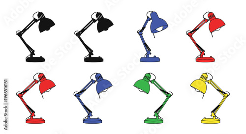 Colorful desk lamps arranged in a grid showcasing various hues