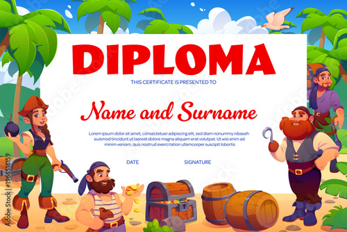 Kids diploma certificate with brave pirates and treasures on beach island, cartoon vector. Kids diploma certificate or appreciation letter award template with Caribbean pirate sailors and corsairs