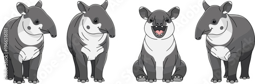 Cute Tapir Vector Set with Sitting, Standing, and Playful Poses for Cartoon, Wildlife, Nature, and Animal Illustrations