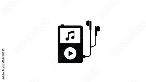Digital music player icon in black and white silhouette with connected earphones representing portable audio technology and listening.