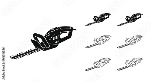 Black and white illustration of electric hedge trimmers in various orientations