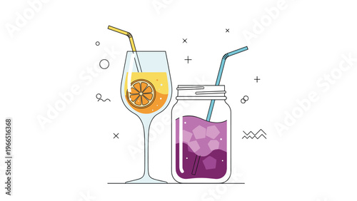 Refreshing summer drinks featuring a glass of orange juice with a citrus slice and a purple fruit smoothie in a mason jar.