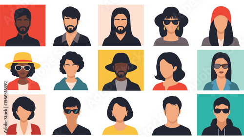Collection of diverse human avatar portraits featuring men and women of different ethnicities, styles, and accessories for profile icons.