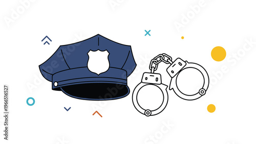 Law enforcement symbols including a blue police officer hat with a gold badge and a pair of steel handcuffs for justice and safety.