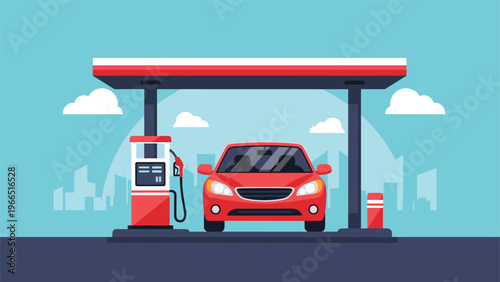 Modern gas station illustration with a red car parked at a fuel pump against an urban city skyline background for transport.