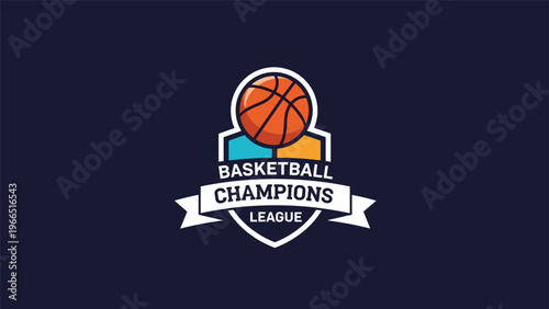 Basketball champions league logo design featuring a basketball over a colorful shield and ribbon on a dark navy blue background.