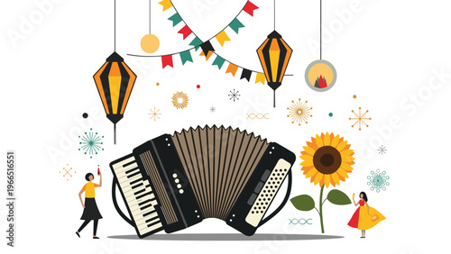 Festive musical illustration featuring a traditional accordion surrounded by a sunflower, lanterns, and colorful bunting flags.