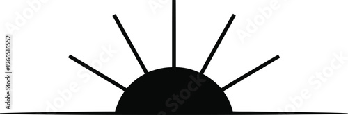 A black silhouette of a sun rising over the horizon with rays