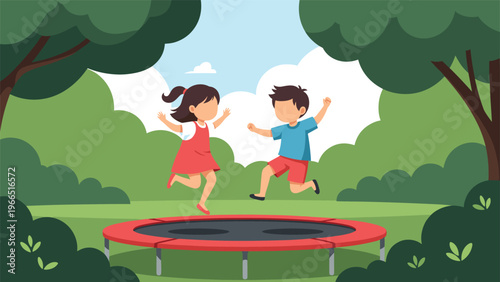 Happy young girl and boy jumping on a trampoline in a lush green park surrounded by trees and bushes on a sunny day.