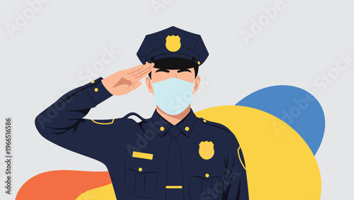 Respectful police officer in uniform and a protective medical face mask performing a salute against a modern abstract background.