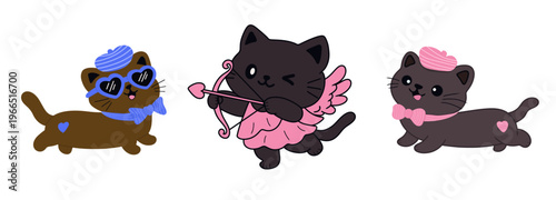 Set of Cute retro doodle cats. Funny abstract cat or kitten characters different poses, Seamless Pattern with Cute Cartoon Cat Design on White Background