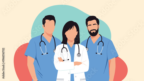 Team of three medical professionals wearing blue scrubs and white coats with stethoscopes around their necks standing against a colored backdrop.