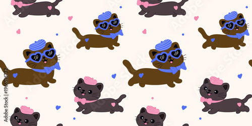 Set of Cute retro doodle cats. Funny abstract cat or kitten characters different poses, Seamless Pattern with Cute Cartoon Cat Design on White Background