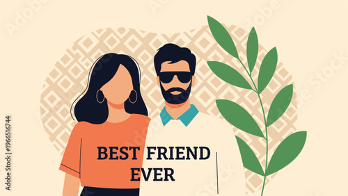 Modern couple portrait with a man wearing sunglasses and a woman standing together against a patterned background with the text best friend ever.