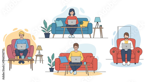 Group of people working remotely on laptops while sitting on various sofas and armchairs in comfortable home office environments.