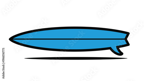 Minimalist illustration of a long blue surfboard floating horizontally with a black outline on a clean white background.